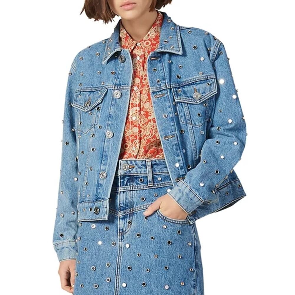 Sandro Paris Mirrored Grommet Denim Jacket